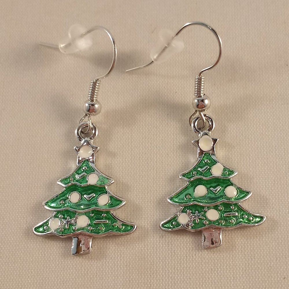 Silver Green Christmas Tree Dangle Earrings New Hand Painted Holiday Festive